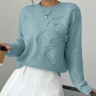 Pull Flora Line bleu clair à manches longues, col rond côtelé, motif floral brodé