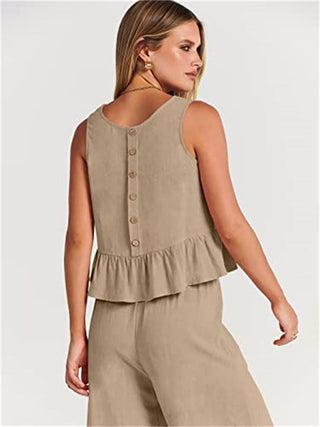 Ensemble blouse sans manches beige à volants et pantalon ample