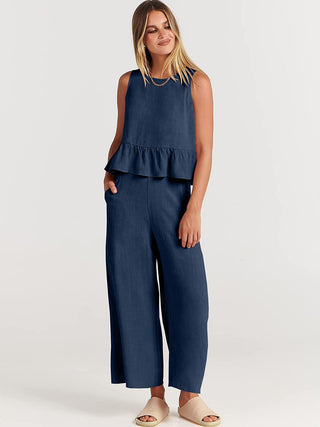 Ensemble blouse sans manches volant bleu foncé et pantalon large, encolure ronde