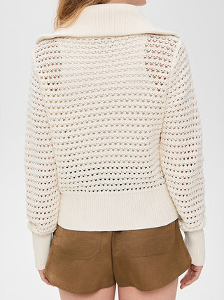 Cardigan zippé blanc cassé en tricot ajouré, vue dos, maille côtelée.