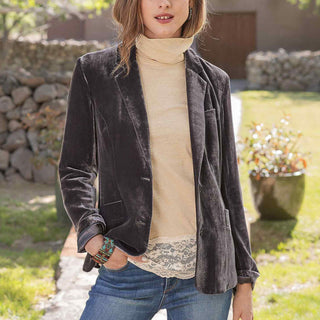 Veste blazer en velours gris foncé pour femme, revers cranté, fermeture boutonnée