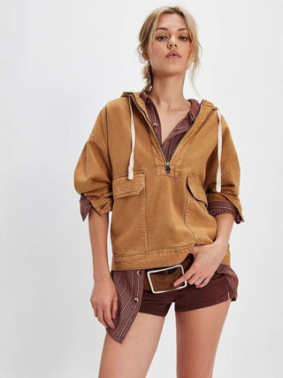Veste en jean oversize marron à capuche, poche kangourou et cordons