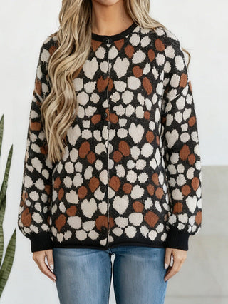 Cardigan femme en tricot noir, motif pois blancs et orange, col côtelé et boutons