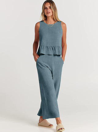 Ensemble blouse sans manches volant bleu acier et pantalon large, jambe ample