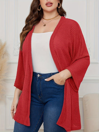Cardigan en tricot gaufré rouge, style kimono ouvert, manches chauve-souris 3/4