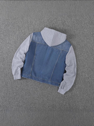 Veste en jean à capuche, panneau denim au dos, manches en molleton gris, ample