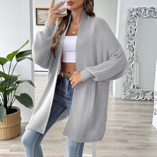 Cardigan long gris clair en maille côtelée à ouverture frontale