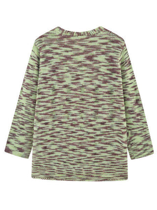 Cardigan long femme maille marbrée vert, col dégagé, épaules tombantes