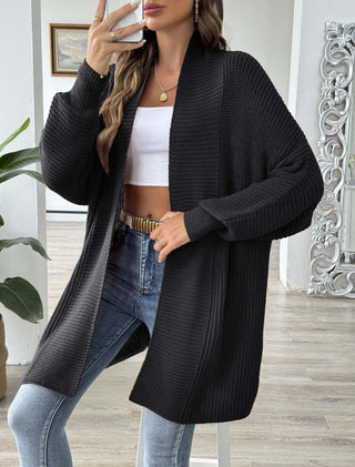 Cardigan long noir en maille côtelée à ouverture frontale et manches longues