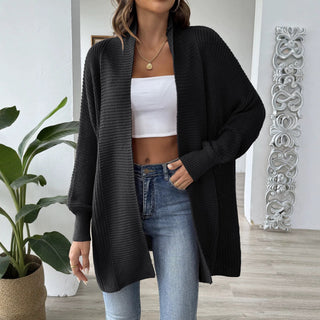 Cardigan long noir en maille côtelée à ouverture frontale