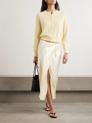 Cardigan en laine mélangée jaune clair, col rond à boutons, coupe courte, manches longues