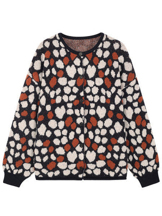 Cardigan femme en tricot noir à motif pois blanc et orange, col rond et boutons