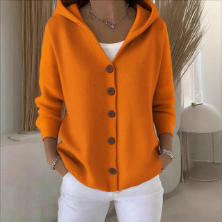 Cardigan à capuche en tricot côtelé orange, boutonné devant