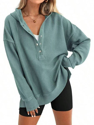 Haut oversize Henley à capuche côtelé turquoise, patte de boutons au col