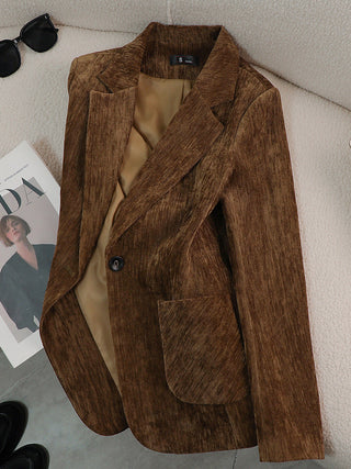 Blazer femme en laine marron, bouton unique, revers notch, poches à rabat