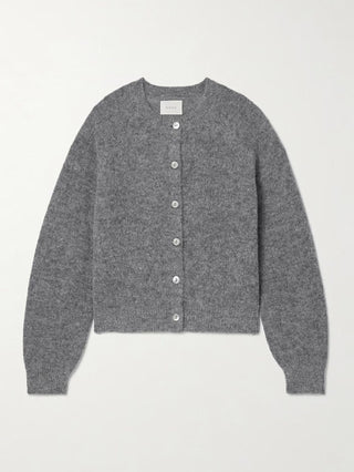 Cardigan gris en laine mélangée, col rond boutonné, coupe courte, manches longues