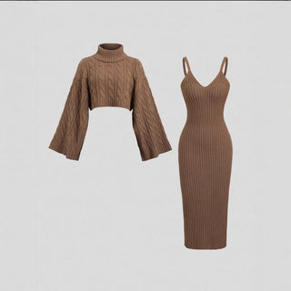 Ensemble : pull marron torsadé à col roulé et robe midi côtelée à bretelles.