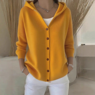 Cardigan à capuche en tricot côtelé moutarde, boutonné devant