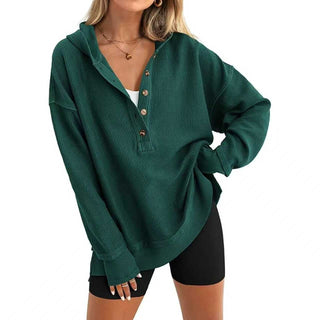 Haut oversize Henley à capuche côtelé vert foncé, patte de boutons au col