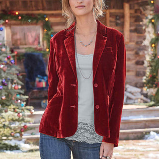 Veste blazer en velours rouge pour femme, revers cranté, fermeture boutonnée, poche poitrine