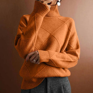 Pull à col roulé côtelé orange, manches longues, motifs losanges en maille