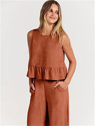 Ensemble blouse sans manches volant terracotta, volant au bas et pantalon large