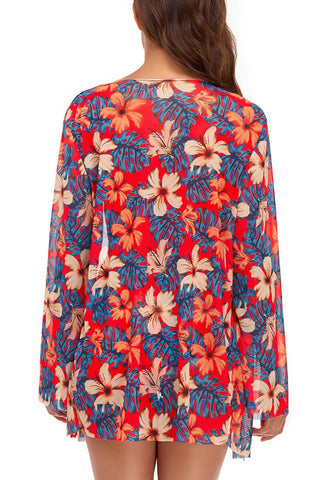 Blouse de plage fluide à motif floral rouge, bleu et beige, dos ajouré