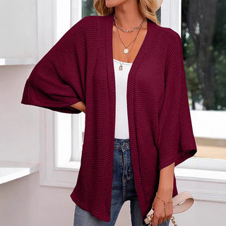 Cardigan en tricot gaufré bordeaux, style kimono ouvert, manches chauve-souris 3/4