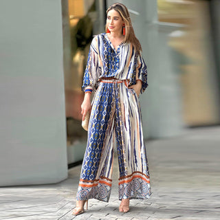 Ensemble bohème blouse longue et pantalon fluide bleu, blanc, imprimé et ceinture