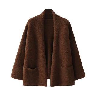 Cardigan oversize marron en laine, col châle et poches plaquées