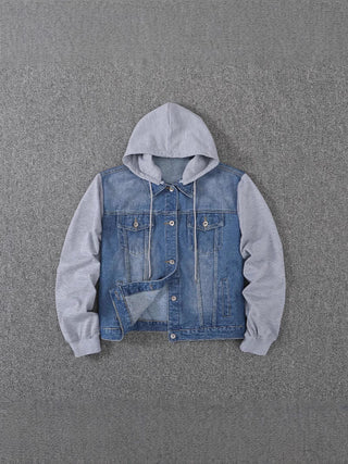 Veste en jean à capuche, fermeture boutonnée, poches plaquées, manches en molleton gris