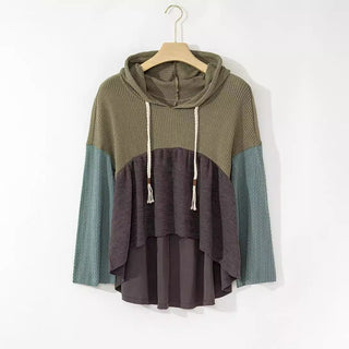 Sweat à capuche en tricot à blocs vert armée, bleu-vert et gris, cordons