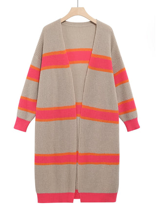 Cardigan duster long en maille ouverte beige à rayures orange et fuchsia, enfilable