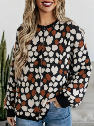 Cardigan femme en tricot noir à motif pois blancs et orange, fermeture boutonnée