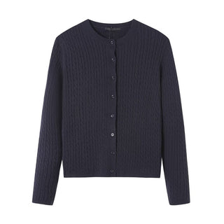 Gilet en tricot bleu marine à torsades, col rond, boutons devant.