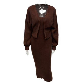 Ensemble robe midi tricot marron vue dos : cardigan court et robe à encolure ronde