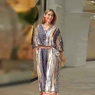 Ensemble blouse longue et pantalon large imprimé bleu/blanc, ceinture froncée