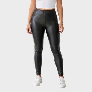 Leggings taille haute noirs en simili cuir, coupe ajustée, finition lisse.
