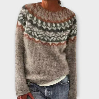 Pull vintage marron chiné à motif jacquard noir et brun sur le buste