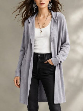 Gilet long gris à capuche, cardigan ouvert en maille avec poches latérales