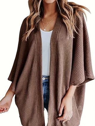 Cardigan en tricot gaufré marron, style kimono ouvert, manches chauve-souris 3/4