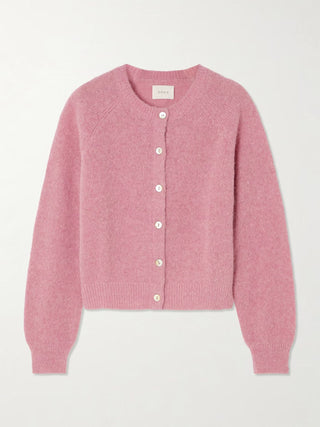 Cardigan rose en laine mélangée, col rond boutonné, coupe courte, manches longues