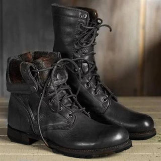 Bottes mi-mollet en cuir noir à lacets, doublure fourrée et semelle épaisse