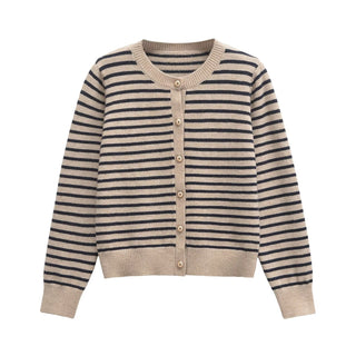 Cardigan femme en laine côtelée beige à rayures bleu marine, boutonnage doré et manches longues