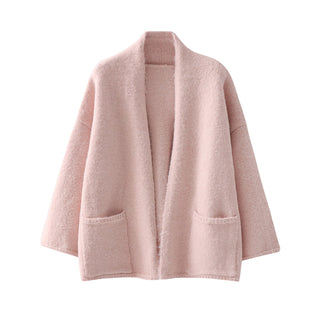 Cardigan oversize en laine rose à col châle et poches plaquées