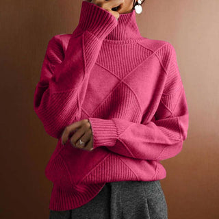 Pull à col roulé côtelé rose, manches longues, motifs losanges en maille