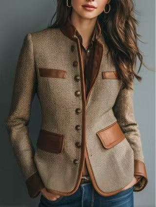 Veste blazer en tweed marron à col montant, poches et empiècements contrastés marron foncé