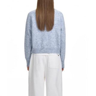 Cardigan mohair bleu clair au dos, manches longues et finition côtelée