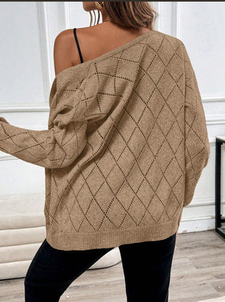 Cardigan ouvert kaki vue dos, motif losanges, manches bouffantes, coupe ample