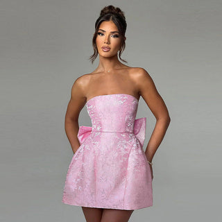 Robe de cocktail mini couleur champagne – Robe de soirée décolletée avec détail en nœud